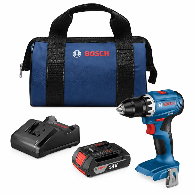 Bosch 18V brushless cordless drill kit with battery charger and carrying bag