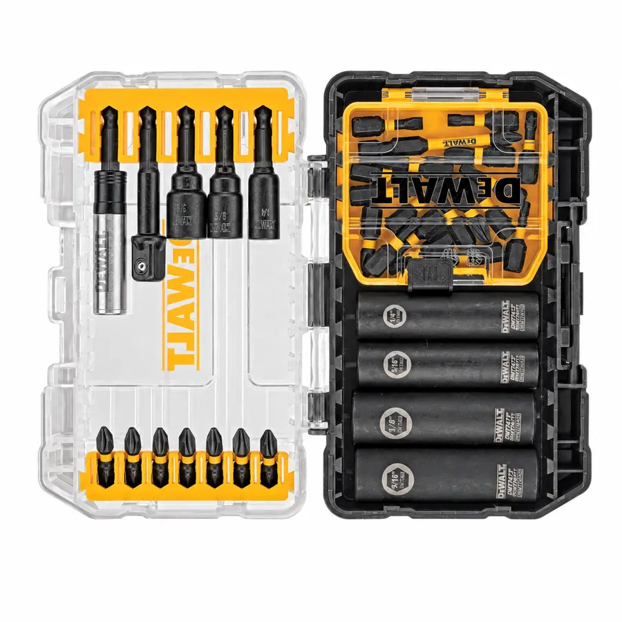 DEWALT 35-piece FlexTorq impact driver bit set with bits, nut drivers, and organizer case